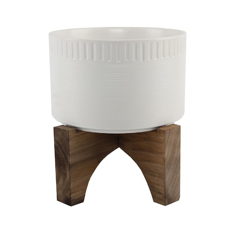 Flora Bunda 7'  Dumpling Ceramic Planter on Wood Stand, Matte White CT615E-MTWH